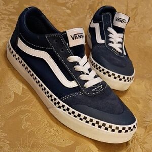 Vans Old Skool Suede/Canvas Dark Blue/White with Checkered Detail Youth 5.0